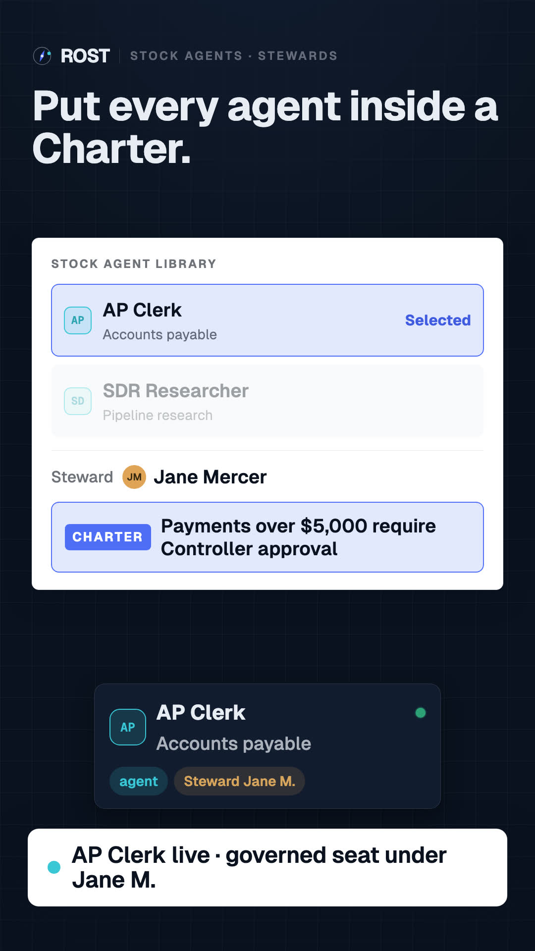 Adding the AP Clerk agent under Controller Jane Mercer with a Charter approval rule.