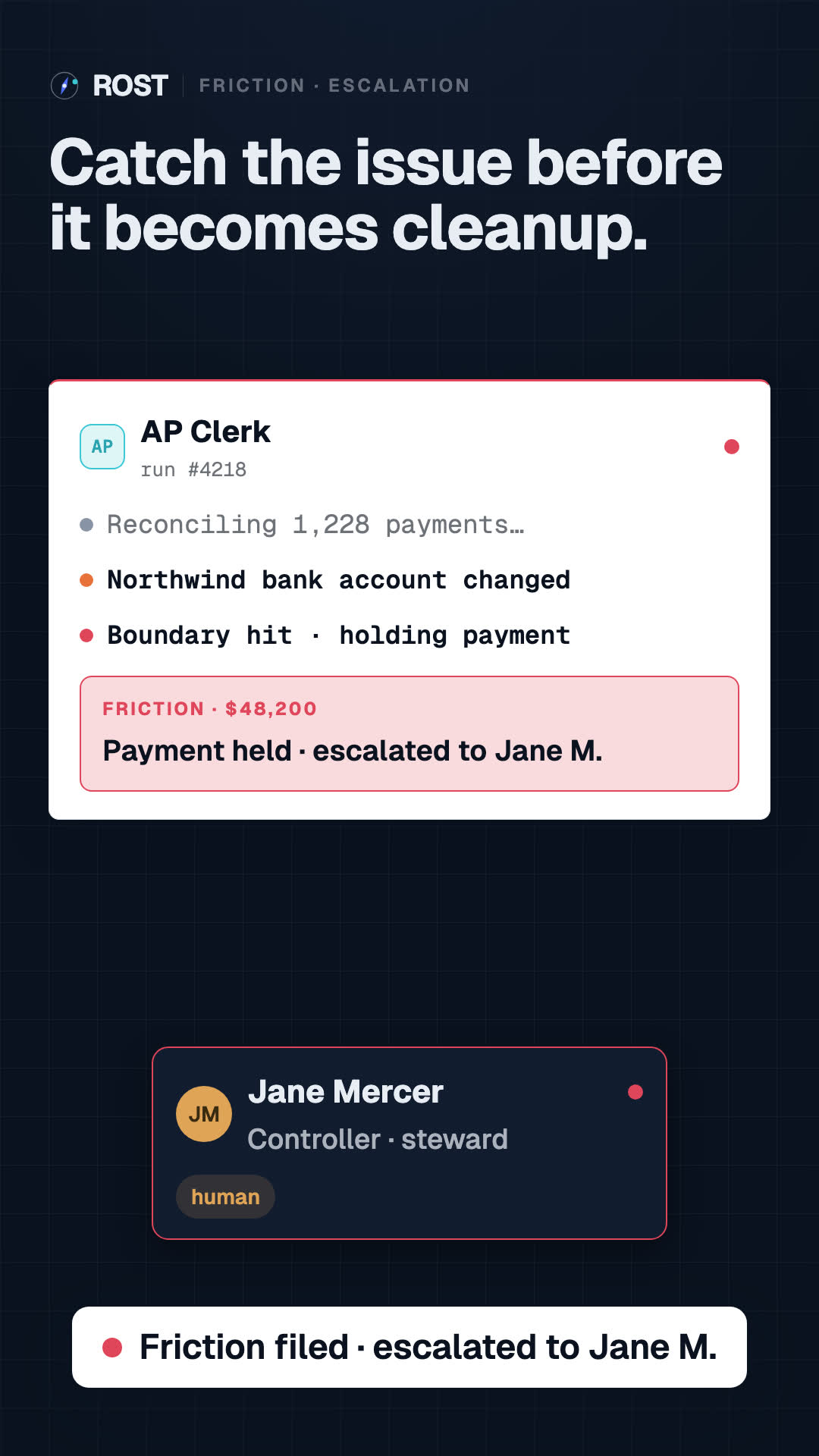 AP Clerk finds a changed vendor bank detail, holds payment, files Friction, escalates.